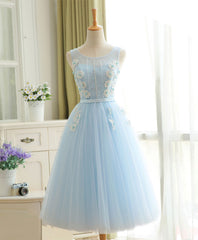 Formal Dress Store, Cute Sky Blue Lace Tulle Short Prom Dress, Homecoming Dress