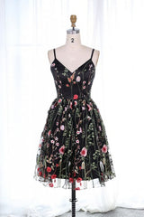 Evening Dresses 05, Cute Straps Embroidered Black Floral Homecoming Dress