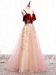 Beach Wedding Guest Dress, Cute Straps Velvet and Tulle Long Party Dress, A-line Evening Gown