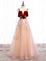 Wedding Pictures Ideas, Cute Straps Velvet and Tulle Long Party Dress, A-line Evening Gown