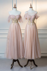 Bridesmaids Dresses Color, Cute Tulle Lace Tea Length Prom Dress, Pink A-Line Evening Party Dress