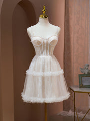Prom Dress Silk, Cute Tulle Light Champagne Short Prom Dress, Lace Homecoming Dress