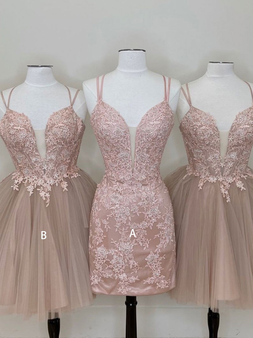 Homecoming Dress Short, Cute tulle pink lace short prom dress, cute lace homecoming dress