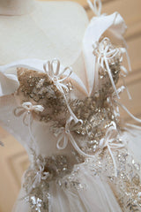 Bridesmaids Dresses Vintage, Cute Tulle Sequins Short Prom Dress, Light Champagne Off Shoulder Party Dress