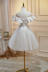 Bridesmaids Dresses Winter, Cute Tulle Sequins Short Prom Dress, Light Champagne Off Shoulder Party Dress