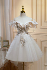 Bridesmaid Dress Vintage, Cute Tulle Sequins Short Prom Dress, Light Champagne Off Shoulder Party Dress