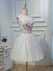 Party Dress Night, Cute Tulle Short Lace Applique Short Prom Dress, Tulle Puffy Homecoming Dress