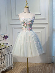 Party Dress Short, Cute Tulle Short Lace Applique Short Prom Dress, Tulle Puffy Homecoming Dress