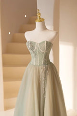 Formal Dress Wear For Ladies, Cute Tulle Tea Length Prom Dress, Green A-Line Strapless Evening Party Dress