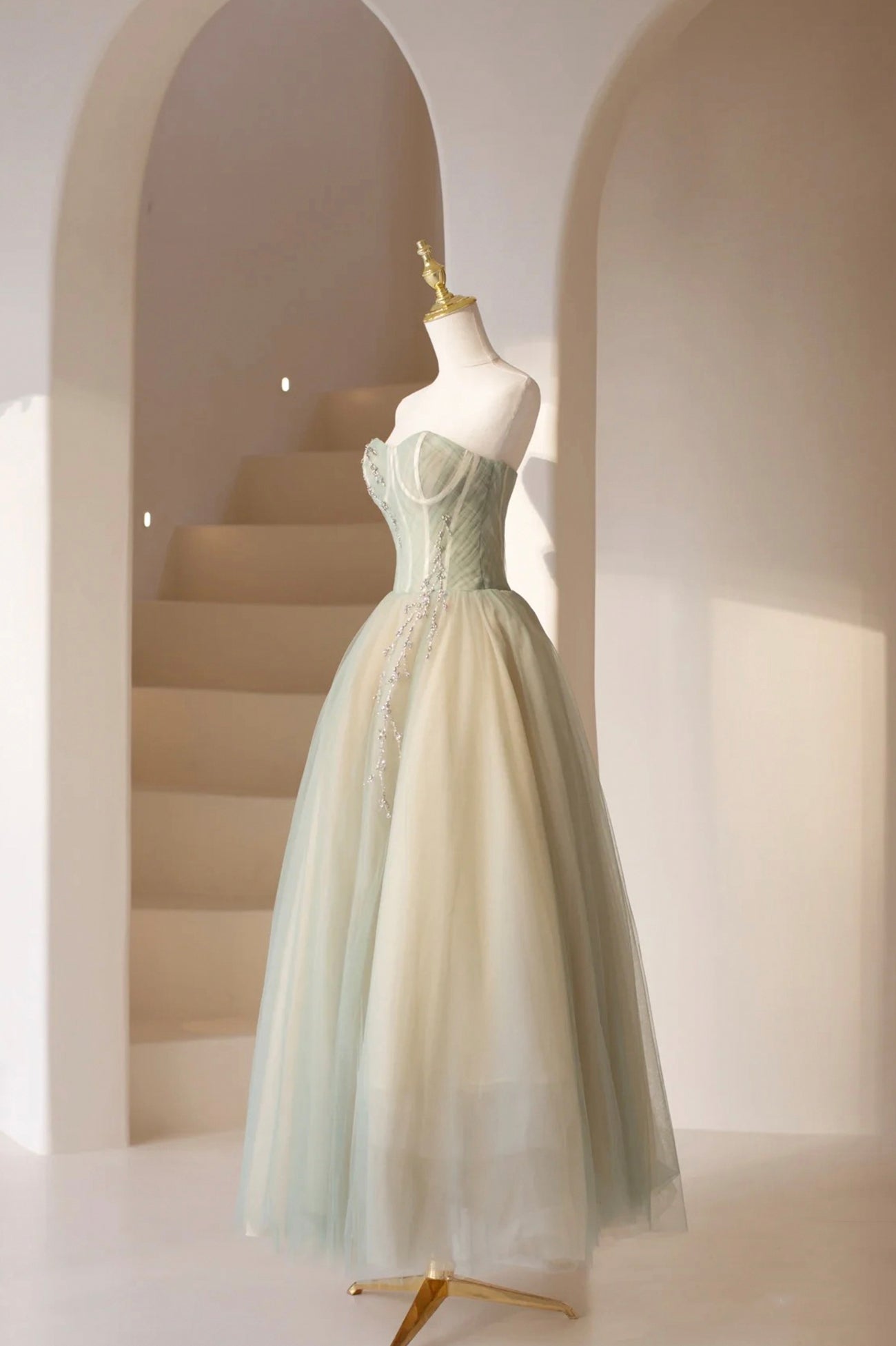 Formal Dresses Long Elegant Classy, Cute Tulle Tea Length Prom Dress, Green A-Line Strapless Evening Party Dress
