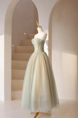 Formal Dresses Long Elegant Classy, Cute Tulle Tea Length Prom Dress, Green A-Line Strapless Evening Party Dress