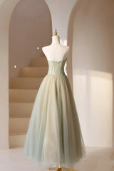 Formal Dresses Long Elegant Evening Gowns, Cute Tulle Tea Length Prom Dress, Green A-Line Strapless Evening Party Dress