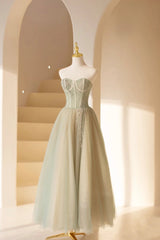Formal Dress With Sleeves, Cute Tulle Tea Length Prom Dress, Green A-Line Strapless Evening Party Dress