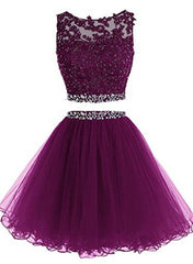 Long Dress Outfit, Cute Two Piece Tulle with Beadings Homecoming Dress, Lovely Formal Dress