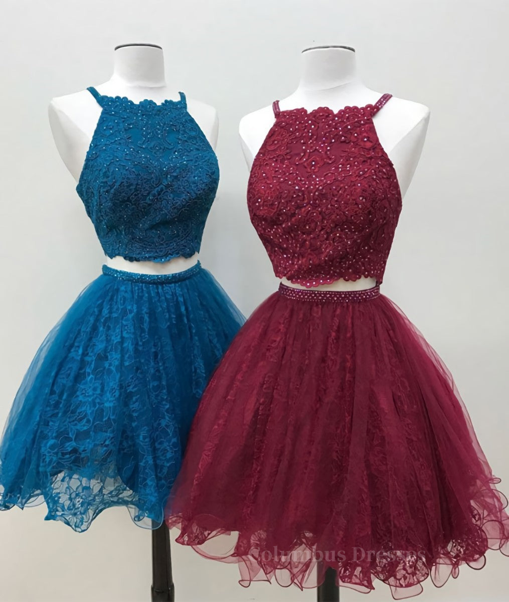 Fall Wedding Color, Cute two pieces lace tulle beads short prom dress, lace homecoming dress