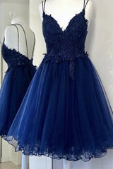 Party Dress Store, Cute V Neck Backless Blue Lace Short Prom Dresses, Blue Lace Homecoming Dresses, Blue Formal Evening Dresses