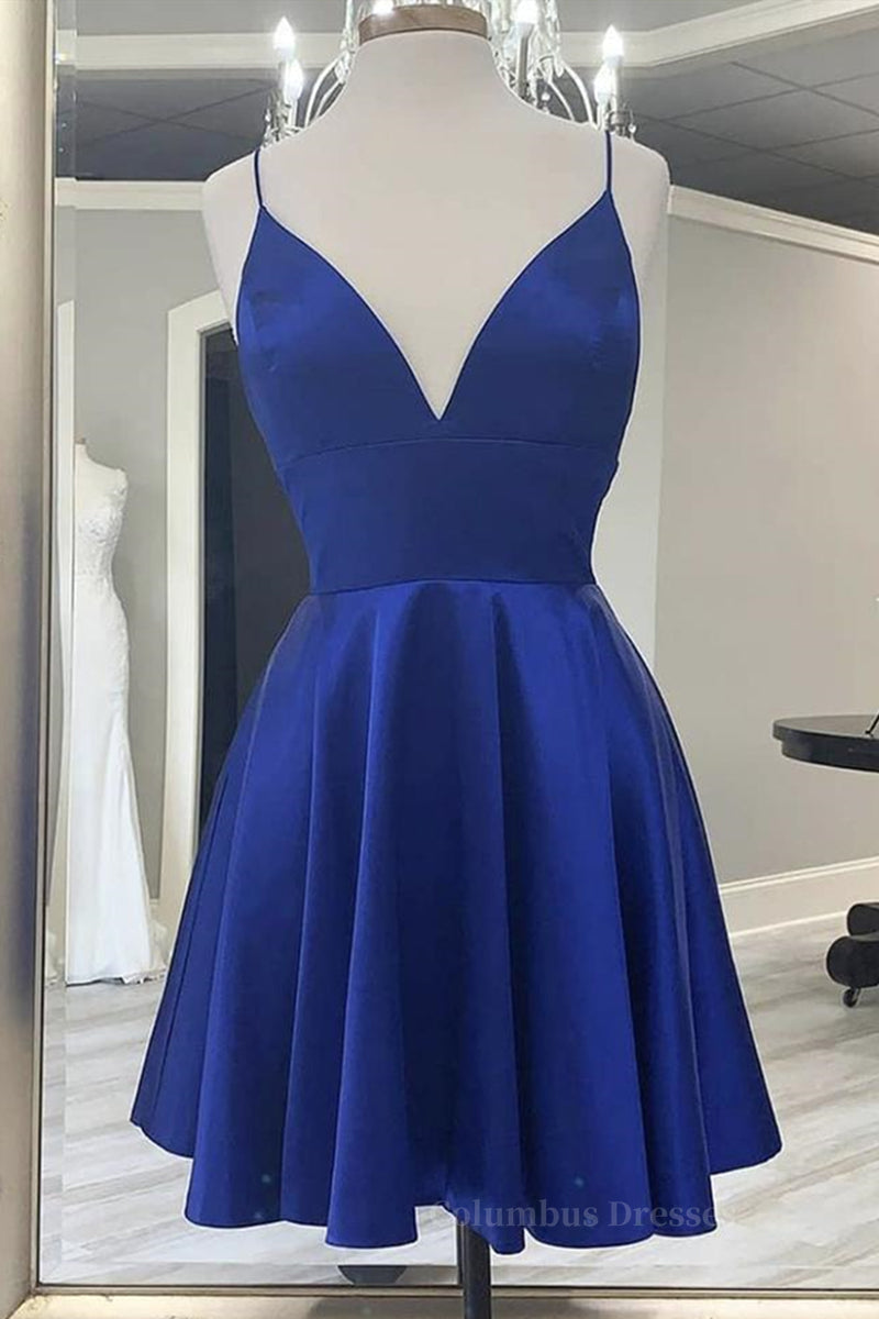 Prom Dress With Sleeves, Cute V Neck Backless Short Royal Blue Prom Dress with Straps, Backless Royal Blue Formal Graduation Homecoming Dress