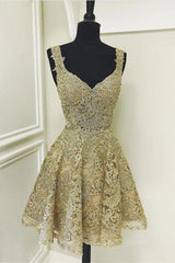 Gown Dress, Cute V Neck Golden Lace Short Prom Dresses, Golden Lace Homecoming Dresses, Golden Formal Evening Dresses