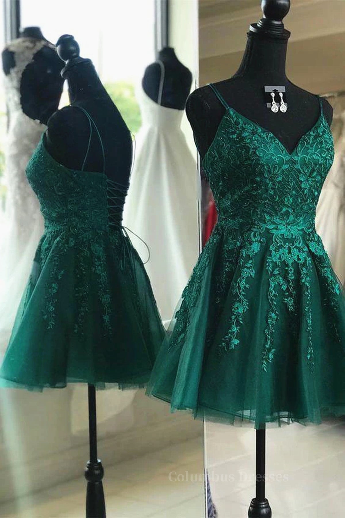 Formal Dresses Websites, Cute V Neck Green Lace Short Prom Homecoming Dresses, Green Lace Formal Dresses, Green Evening Dresses