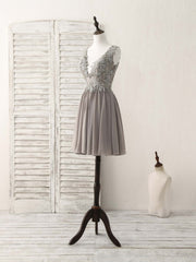 Party Dress 2028, Cute V Neck Lace Chiffon Gray Short Prom Dress Gray Homecoming Dress