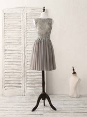 Party Dresses 2026, Cute V Neck Lace Chiffon Gray Short Prom Dress Gray Homecoming Dress