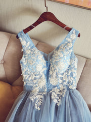 Prom Dress With Sleeve, Cute V Neck Light Blue Tulle Lace Short Prom Dress Blue Homecoming Dress