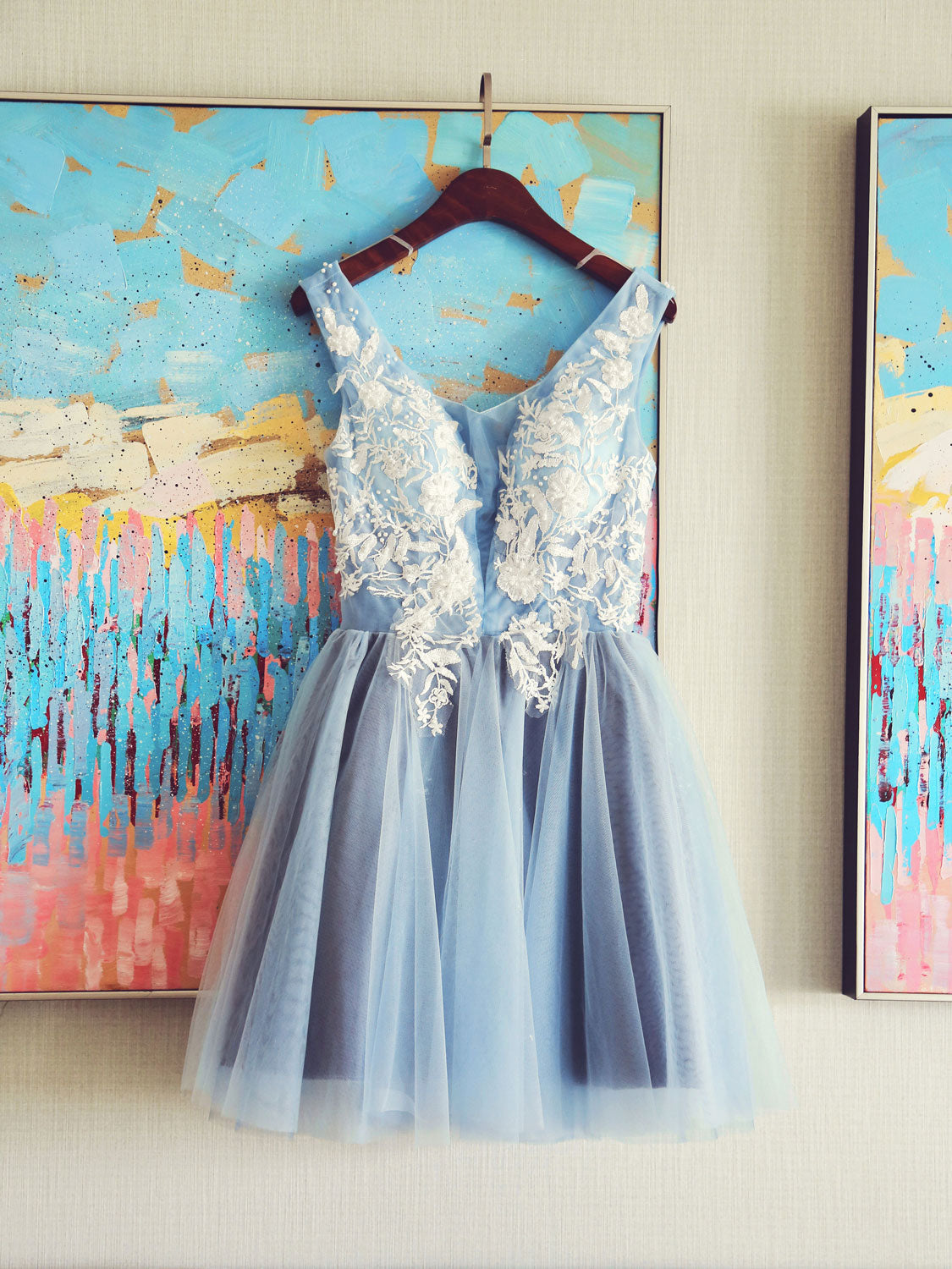 Prom Dresses Navy, Cute V Neck Light Blue Tulle Lace Short Prom Dress Blue Homecoming Dress
