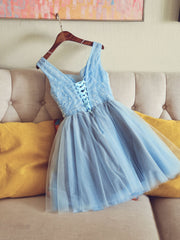 Prom Dress Tulle, Cute V Neck Light Blue Tulle Lace Short Prom Dress Blue Homecoming Dress