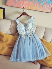 Prom Dress With Sleeves, Cute V Neck Light Blue Tulle Lace Short Prom Dress Blue Homecoming Dress