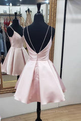 Bridesmaid, Cute V Neck Open Back Pink Short Prom Dress, Backless Pink Homecoming Dress, Short Pink Formal Evening Dress
