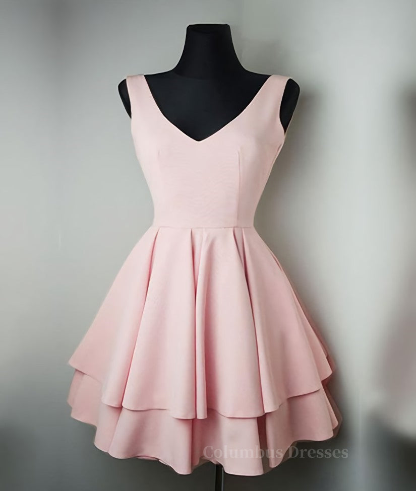 Party Dress With Sleeves, Cute v neck pink short prom dress. pink homecoming dress
