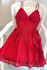 Prom Dress Websites, Cute V Neck Short Red Lace Prom Dress with Straps, Short Red Lace Formal Graduation Homecoming Dress, Red Cocktail Dress