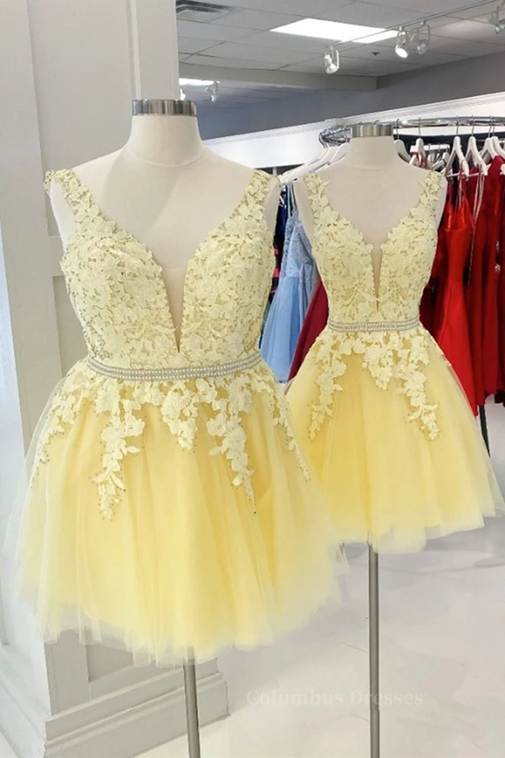 Party Dress Dress, Cute V Neck Yellow Lace Short Prom Dress with Belt, Yellow Lace Homecoming Dress, Short Yellow Formal Evening Dress