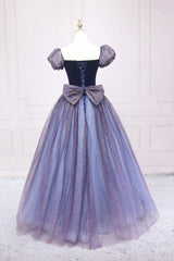 Evening Dress Designs, Cute Velvet Tulle Long Prom Dress, A-Line Short Sleeve Graduation Dress