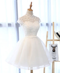 Formals Dresses Short, Cute White Lace Short Prom Dress, White Homecoming Dress