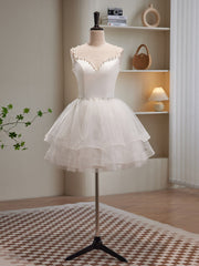 Bridesmaid Dresses Blush, Cute White Short Tulle Beaded Graduation Dress, White Short Prom Dress Formal Dress