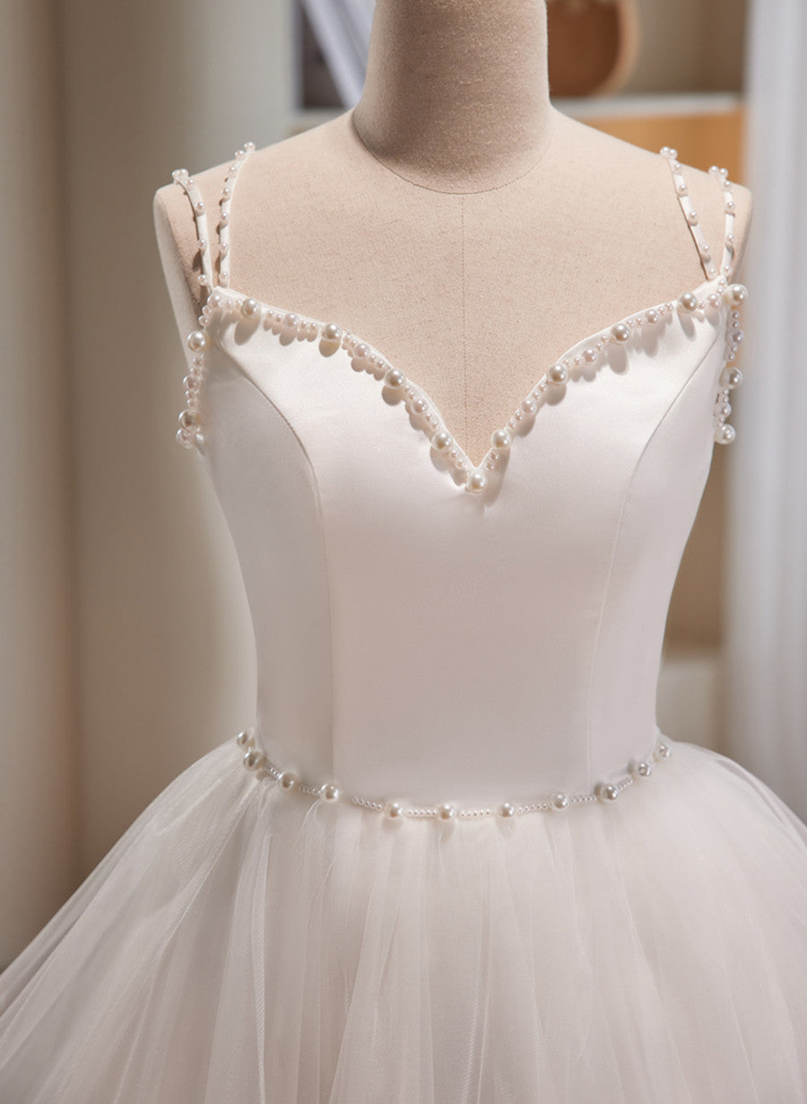 Bridesmaid Dresses Champagne, Cute White Short Tulle Beaded Graduation Dress, White Short Prom Dress Formal Dress