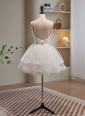 Bridesmaids Dresses Color Palettes, Cute White Short Tulle Beaded Graduation Dress, White Short Prom Dress Formal Dress