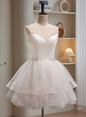 Bridesmaid Dresses Winter, Cute White Short Tulle Beaded Graduation Dress, White Short Prom Dress Formal Dress