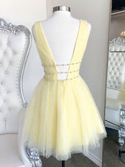 On Shoulder Dress, Cute Yellow V Neck Tulle Beads Short Prom Dress Yellow Homecoming Dress