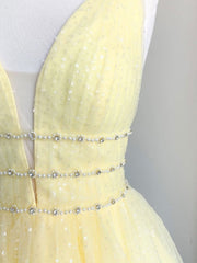 Prom Ideas, Cute Yellow V Neck Tulle Beads Short Prom Dress Yellow Homecoming Dress