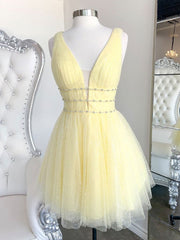Club Dress, Cute Yellow V Neck Tulle Beads Short Prom Dress Yellow Homecoming Dress