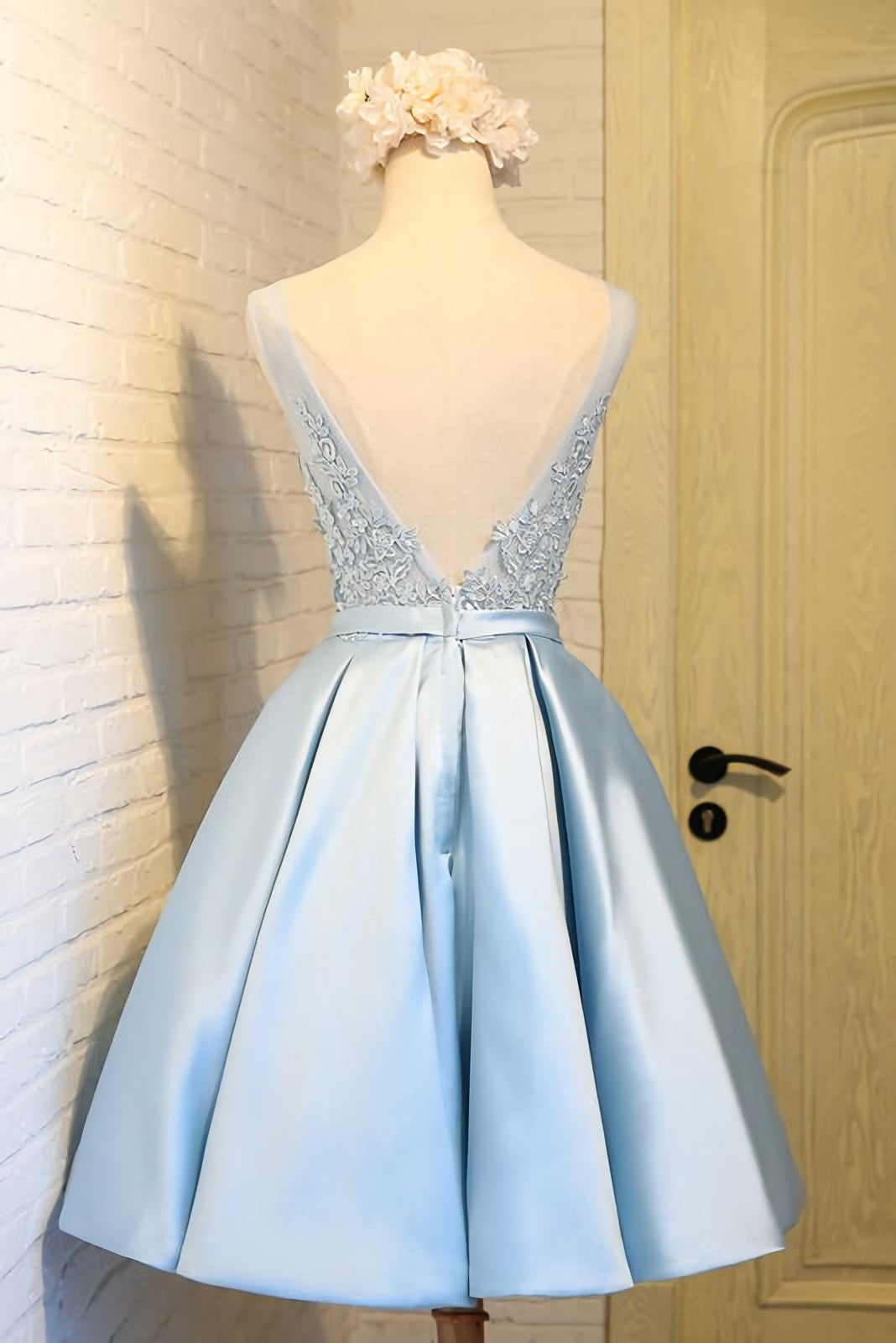 Formal Dresses Online, Sky Blue A Line V Neck Short Prom Dresses, Appliques Lace Homecoming Dresses