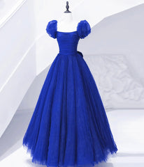 Bridesmaid Dress Chiffon, Cute Tulle Long Prom Dress with Bow, Royal Blue Short Sleeve Evening Party Dress
