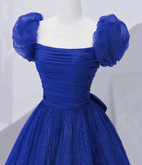 Bridesmaids Dresses Chiffon, Cute Tulle Long Prom Dress with Bow, Royal Blue Short Sleeve Evening Party Dress