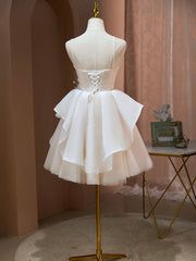Elegant Wedding, Champagne Spaghetti Strap Tulle Party Dress, Cute Knee Length Prom Dress