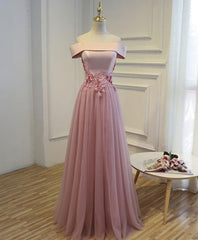 Party Dresses Long Dresses, Pink A Line Off Shoulder Floor Length Prom Dress, Lace Evening Dress