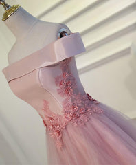 Party Dress Long Dress, Pink A Line Off Shoulder Floor Length Prom Dress, Lace Evening Dress