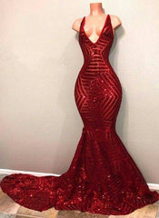 Evening Dresses Petite, Red Sequins Shiny V-Neck Mermaid Long Prom Dresses