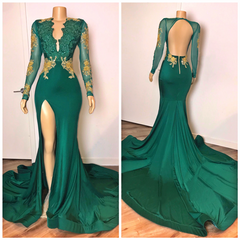 Black Tie Wedding Guest Dress, Sexy Long Sleeves Emerald Green Prom Dresses On Sale Open Back Side Slit